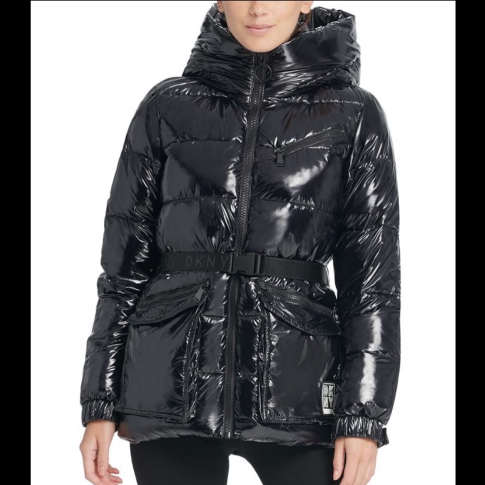 DKNY Sports Black Shiny Belted Puffer Jacket